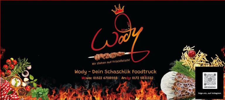Wody Dein Schaschlick Foodtruck logo with red script lettering, flame graphics, and contact details on black background