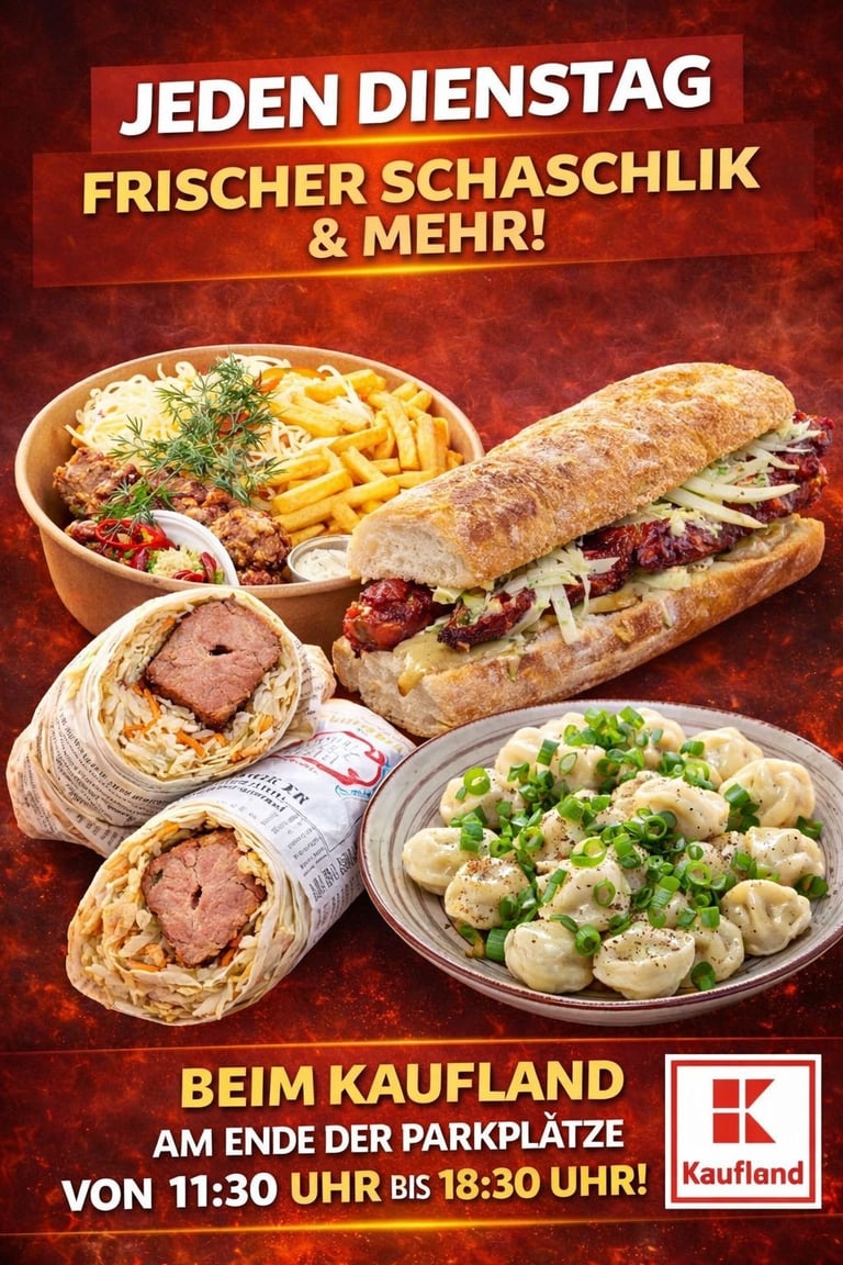 Kaufland promotional poster advertising fresh sausages and more, featuring various meat dishes including currywurst, kebab, wraps, and meatballs on red background